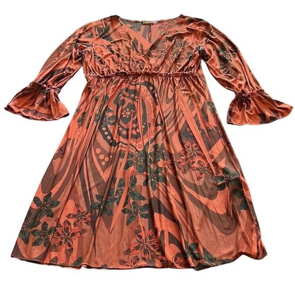 Fave Rust Sublimation Print Slinky Knit Dress Size Medium Mini 3/4 Sleeves Y2K - Picture 4 of 9